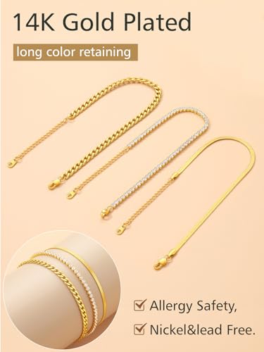 FindChic Black/Silver/Gold Plated Anklets Set of 2PCS/3PCS Herringbone Chain Cuban Link Heart Charm Sparkling Tennis Ankle Bracelets, Waterproof Summer Foot Jewelry for Beach - color: 06. Gold-3PCS Herringbone & Tennis & Cuban