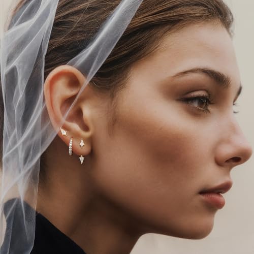 GEORGE · SMITH Stackable Kite Stud Earrings Set for Women, Gold & Silver Huggie Birthstone Jewelry with Emerald Green & Blue Sapphire, Trendy Earrings for Women 2025 - color: gold kite stud