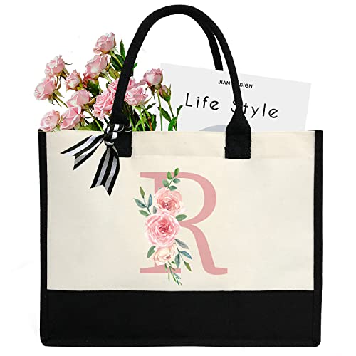 Initial Canvas Tote Bag for Women, Beach Bag with Inner Zipper Pocket Personalized Gifts for Wedding, Birthday | Initial - color: R