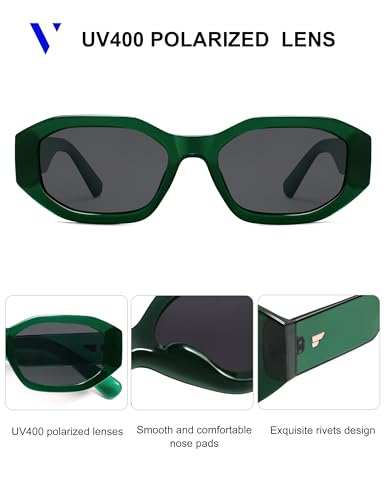 VANLINKER Trendy Polarized Hexagon Sunglasses for Women Men Retro 90s Rectangle Shades Vintage Square Frame VL9887 - color: C3-transparent Dark Green/Grey