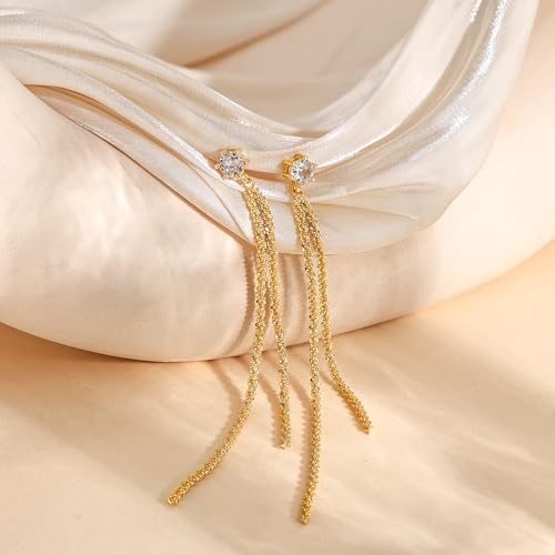 Robaice Gold Long Prom Earrings for Women, 14K Gold Plated Pearl Dangle Drop and Chain Tassel Threader Earrings Dangling，Rhinestone Zirconia Hypoallergenic Bride Party Prom Gold jewelry，Women Gifts - style: D-CZ dangle drop tassel