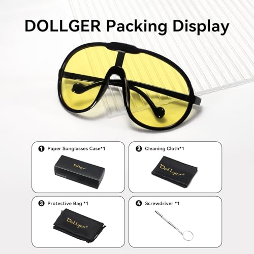 Dollger Oversized One Piece Sunglasses For Women Fashion Men Wrap Around UV400 Shield Goggles - color: Black Frame Yellow Lenses
