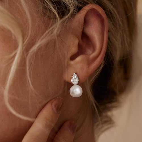Pearl Earrings for Women, Dainty Wedding Bridal Earrings 14k Gold Plated CZ Pearl Drop Earrings for Women Trendy Hypoallergenic Unique Gold Drop Earrings Fashion Prom Jewelry - color: Silver-J