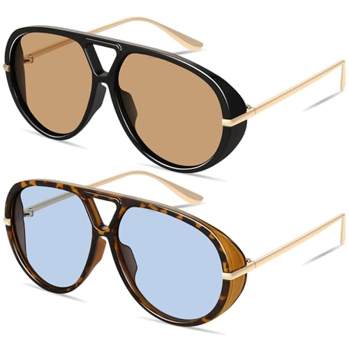 GRFISIA Retro Oversized Aviator Sunglasses for Women Men Metal 70s Aviators 2026 Fashion Shades for Beach Vacation UV400 - color: (2pcs) Black/Brown+tortoise/Blue