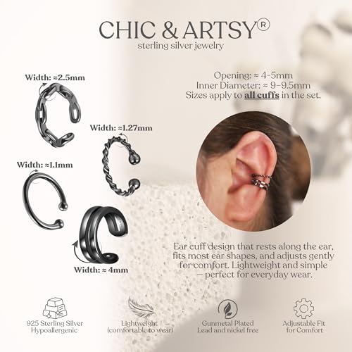 CHIC & ARTSY 925 Sterling Silver Ear Cuffs for Women, Non Piercing Clip On Cartilage Cuffs, Adjustable Fake Conch & Helix Earrings, Gold Plated & Oxidized Various Styles - color: ear cuff #19