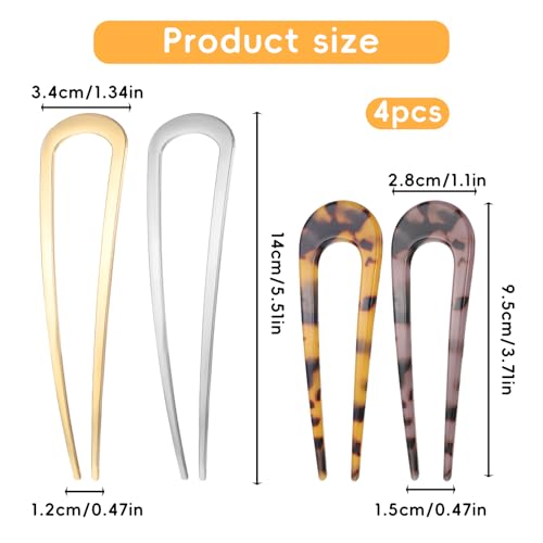 4Pcs French Hair Pins, French Twist Hair Pin, U Shaped Frenchs Hairs Pins, Metal Hairing Pin for Women Tortoise Shell Fork Sticks for Women Girls Hairstyle Accessories
