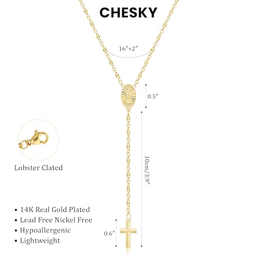 CHESKY Long Necklaces for Women, 14k Gold Plated/Streling Silver Lariat Necklace Dainty Statement Prom Necklace Rosary Cross Sun Drop Pendant Dangle Necklace Gold Prom Jewelry for Women Gifts - style: y necklace 01