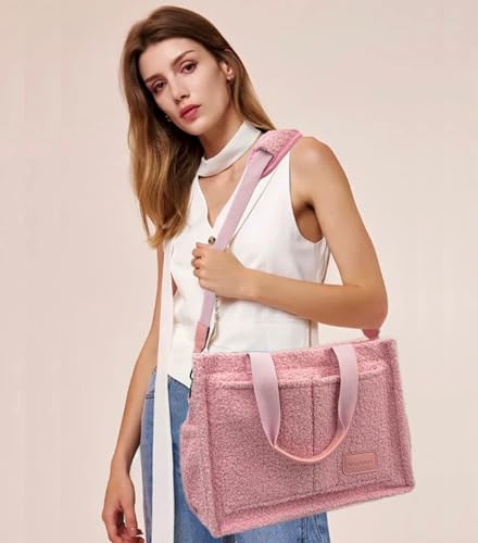 Large Canvas Tote Bag for Women Work Tote Bags with Pockets Laptop Crossbody Purses Everyday Bag Handbags for Travel - color: Plush Pink