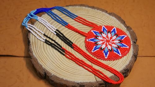 Handmade Native American Style Tribal ethnic Seed Bead Beaded Layered Medallion Necklace #1 - color: Red Star