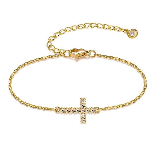 Tewiky Waterproof Gold Bracelets for Women Non Tarnish - Dainty Stack 14K Gold Plated/Sterling Silver Chain Bracelets Set Adjustable Trendy Jewelry for Women - style: gold CZ cross bracelet