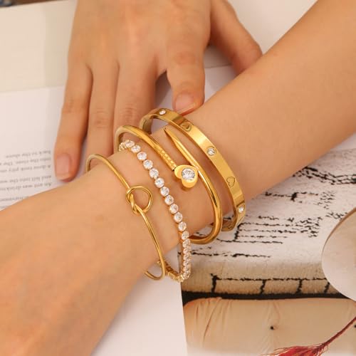 18 K Gold Plated Love Bangle Bracelet Stack Cuff Jewelry for Women Jewelry Set for Women Gift with Box - style: style22