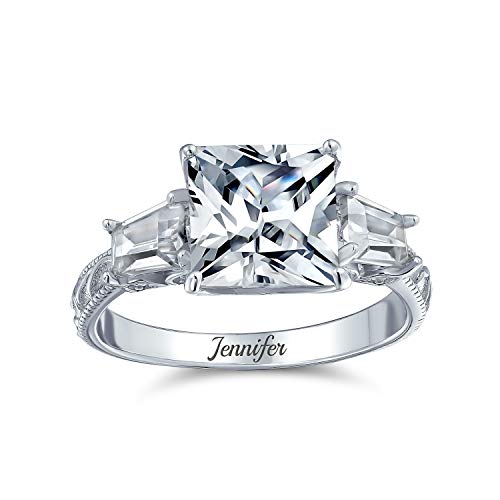 Bling Jewelry Personalize Vintage Antique Style 3CT AAA CZ Baguette Side Stones Solitaire Square Brilliant Princess Cut Engagement Ring Milgrain Filigree Band .925 Sterling Silver Customizable