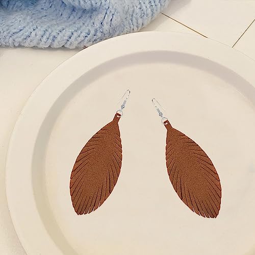 Large Genuine Soft leaf Leather Handmade Fringe Tassel Feather Lightweight Tear Drop Dangle Color Earrings for Women - color: Brown