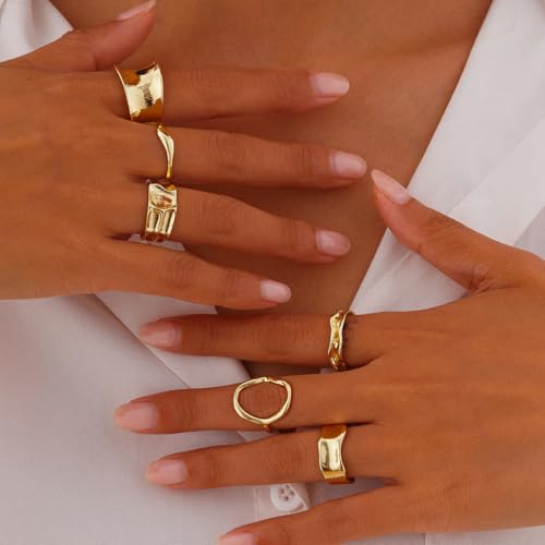 Chunky Rings for Women Adjustable Thick Rings Set Trendy Statement Stackable Ring for Women Chunky Jewlery Irregular Dome Flower Finger Knkuckle Thumb Ring - style: Style 3 - 6pcs g