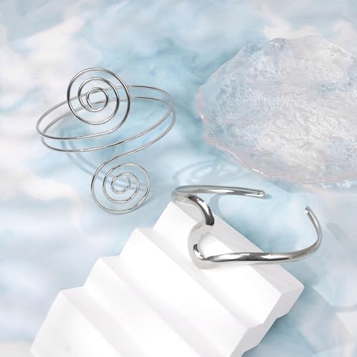2Pcs Gold Arm Cuff for Women Adjustable Arm Cuff Bracelet Minimalist Open Coil Upper Arm Band Cuff Bangle Set - style: Silver A