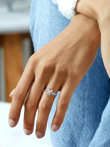 Bestyle 925 Sterling Silver Butterfly Ring Hypoallergnic Adjustable Birthstone Rings for Women Butterfly Jewelry Gifts for Anniversary Mothers' Day Birthday - color: 12.December (Blue Topaz)