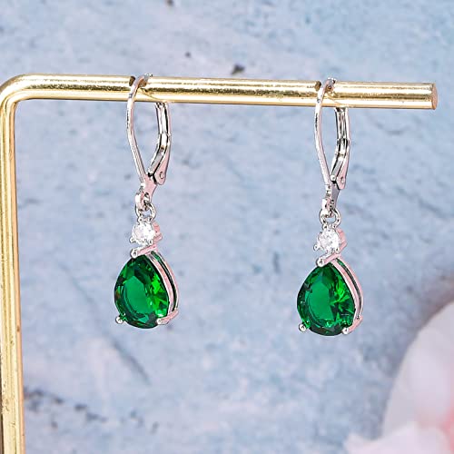 CiNily Teardrop Leverback Dangle Earrings for Women Hypoallergenic 14K Gold Plated Cubic Zircon Drop Earrings Fashion Crystal Earrings for Girls Jewelry Christmas Gifts - color: Green CZ-White Gold