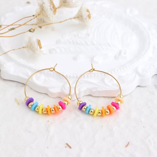 Natural Stone Beaded Hoop Earrings for Women, Boho Handmade Lightweight Hypoallergenic Trendy Summer Beach Accessories Fashion Jewelry Gift - color: multicolor