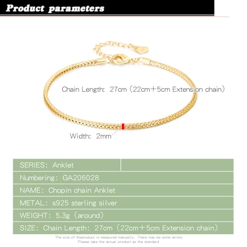 Dankadi Women 925 Sterling Silver Anklets Bracelet Men Simple Chopin/Box Chain/Twist Rope Chain Summer Beach Foot 24k Gold Plated Jewelry Gift - color: Chopin Chain Gold, size: 27cm