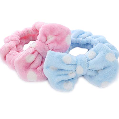 Hairizone Cute Makeup Headbands for Face Wash Shower Spa Elastic Head Band with Soft Big Bow Hair Band for Women Wrap 2 Pack (Pink/Blue) - color: Pink+Light Blue