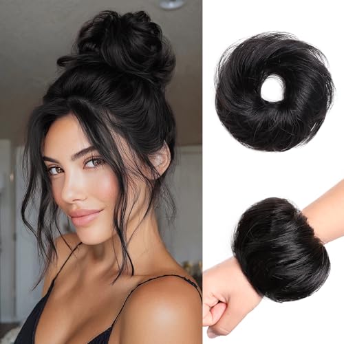 Messy Bun Hair Piece 100% Real Human Hair Chignons Scrunchie Tousled Fluffy Bun Scrunchie Wig Stretchy Band Messy Buns Hair Clip Fake Messy Hair Buns Hair Pieces for Women Black - color: Natural Black