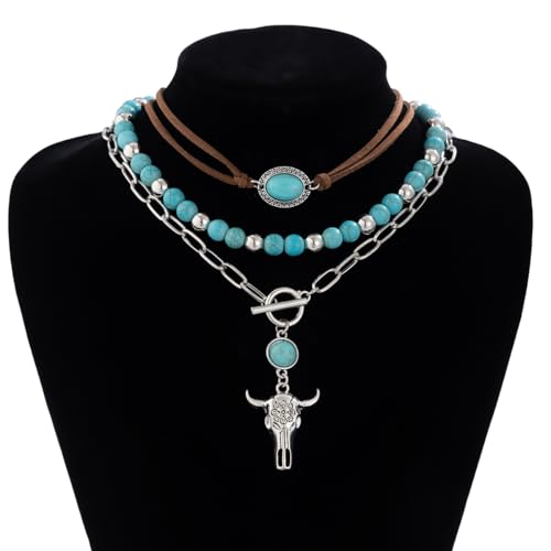 Western Necklaces Boho Layered Charm Necklace for Women Turquoise Beaded Choker Ox-head Pendant Necklace Western Jewelry for Women Cowgirl Accessories - color: Style-D
