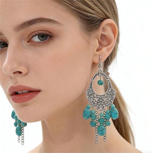 coadipress Bohemian Turquoise Beaded Tassel Earring for Women Ethnic Chandelier Boho Beads Earrings Hollow Out Turquoises Beaded Statement Earrings Ethnic Style Jewelry Gifts - color: Turquoise Tassel
