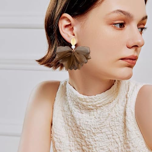 Handmade Fabric Flower Petal Fringe Dangle Drop Earrings Bohemian Floral Tassel Stud Earrings For Women - color: Brown