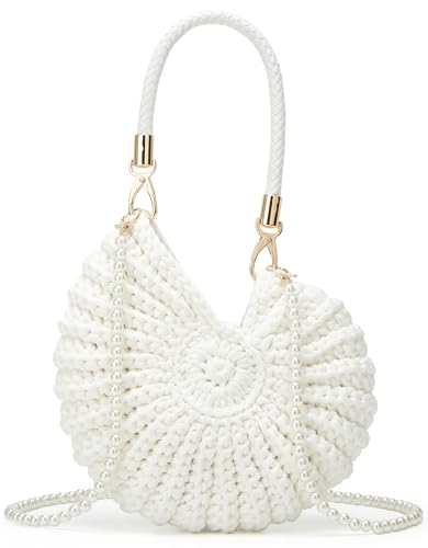 Handmade Crochet Tote Bag Seashell Purse for Women Boho Shell Handbag Crossbody Shoulder Bag Summer Beach Clutch Hobo Handbag - color: White