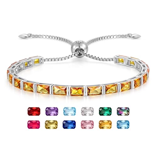 Radiant Cut Birthstone Tennis Bracelets for Women, Adjustable 6–9 Inches White Gold Plated Sterling Silver Bracelet, Hypoallergenic Anniversary Birthday Valentine’s Day Gift for Her - color: 11-Citrine