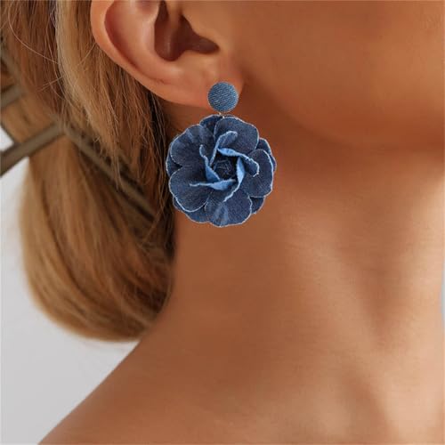 coadipress Boho Denim Camellia Flower Dangle Earrings for Women Exaggerated Big Layered Tiered Blossom Floral Drop Long Earring Chic Statement Earrings Wedding Bridal Jewelry Gifts - style: Flower Dark Blue