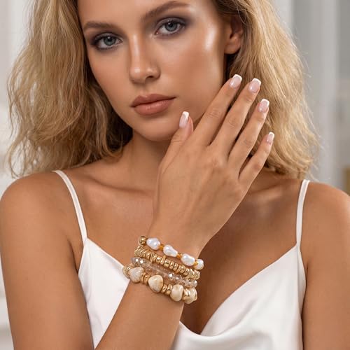 GOOJIDS Simple Beaded Gold Plated Bangles Bracelet Chunky Bamboo Tube Curved Stacking Clear Acrylic Colorful Beads Stretchable Gold Plated Bracelets Set For Women - color: T Shell Beads Set