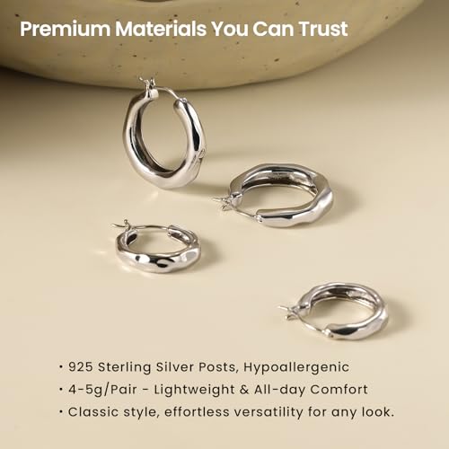 ARSIS Mix & Match 18K Gold-Plated Hoop Earrings for Women, Hypoallergenic, 925 Sterling Silver Posts, Organic Textured Design, Lightweight Hoops in Gold/Silver/Rose Gold, Jewelry Gift for Her - color: Silver-20mm, size: 20mm