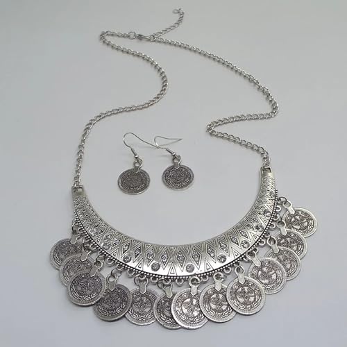 FUTIMELY Chunky Coin Necklace Earrings Set,Bohemia Plated Gold Coin Tassel Personalized Choker Earrings,Ethnic Gypsy Statement Jewelry Set for Women - color: Silver