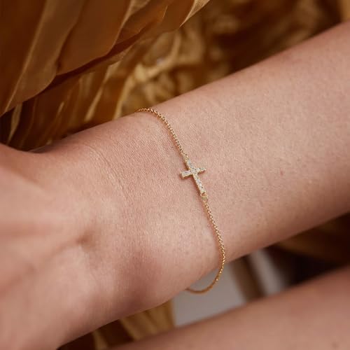 Tewiky Waterproof Gold Bracelets for Women Non Tarnish - Dainty Stack 14K Gold Plated/Sterling Silver Chain Bracelets Set Adjustable Trendy Jewelry for Women - style: gold CZ cross bracelet