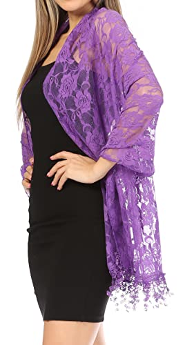 Sakkas Mari Women's Large Lightweight Soft Lace Scarf Wrap Shawl Floral and Fringe - color: Rosepurple