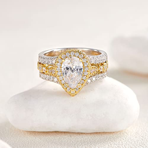 Newshe Jewellery Wedding Rings for Women Bridal Sets Sterling Silver Engagement Ring Enhancer Pear Cubic Zirconia Anniversary Promise Band Size - color: Cubic Zirconia-18k Yellow Gold Plated
