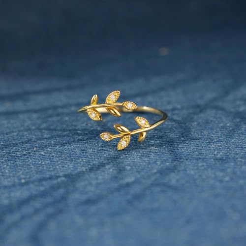 Adjustable Women's Cubic Zirconia Leaf Shaped Ring, 18K Gold-Plated Exquisite Stackable Women's Ring, A Great Gift for Her - color: H