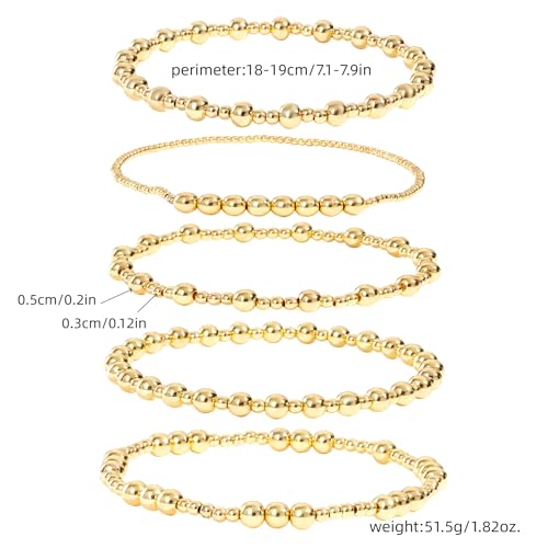 Gold Bracelets for Women 14K Gold Plated Beaded Non Tarnish Bracelets Stretch Bead Ball Bracelet Stack Set Jewelry for Gifts - color: B SET 5PC
