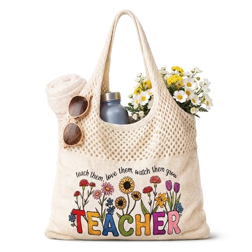 Shinylin Personalized Crochet Tote Bag for Beach Women Beige Mesh Knit Shoulder Bag Boho Aesthetic Tote for Women - style: Teacher Flowers