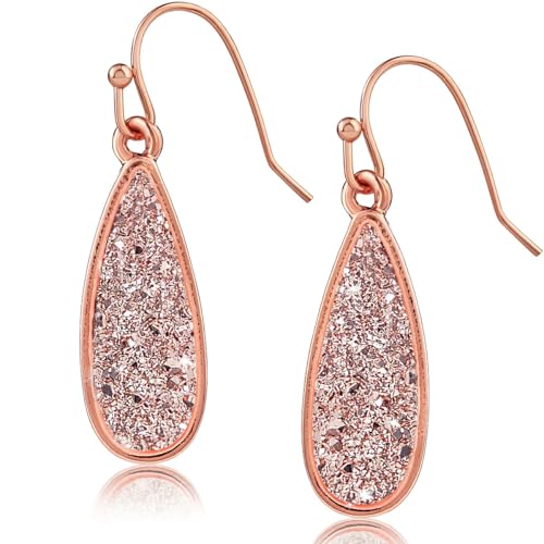 Teardrop Dangle Earrings for Women with Simulated Druzy Stones, in Gold or Rose Gold Tone - color: Rose Gold - Rose Gold Stone