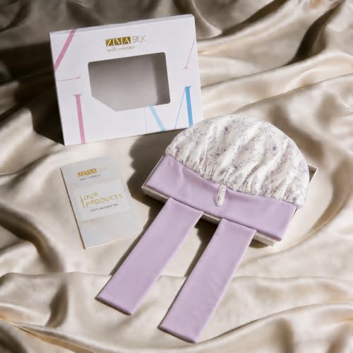 ZIMASILK 100% Mulberry Silk Bonnet for Sleeping Women Long Hair Double Layer Silk Hair Wrap with Tie Band Stay On Head (1Pc, Lilac Flower) - color: Lilac Flower