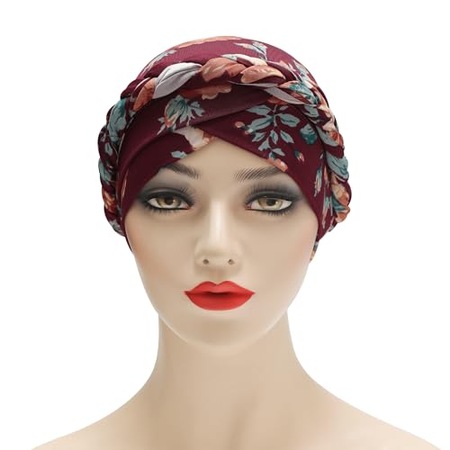 ZLYC Chemo Headwear for Women Pre Tied Turban Headwear Lightweight Beanie Hat - color: Braid Floral Burgundy