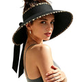 Women's Sun Visor Hats Wide Brim Beach Hat Straw Ponytail Visor Packable Foldable UPF 50+ Floppy Travel Hats - color: Black02