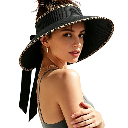 Women's Sun Visor Hats Wide Brim Beach Hat Straw Ponytail Visor Packable Foldable UPF 50+ Floppy Travel Hats - color: Black02