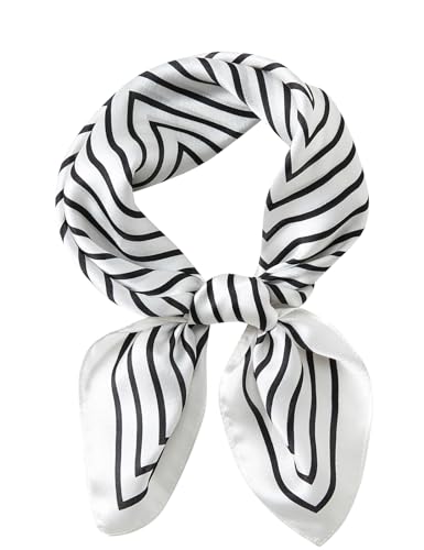 100% Mulberry Silk Neck Scarf 21''x21'' Small Square Hair Scarf for Women Men Lightweight Bandana Envelope Package - color: Classic Stripe- White