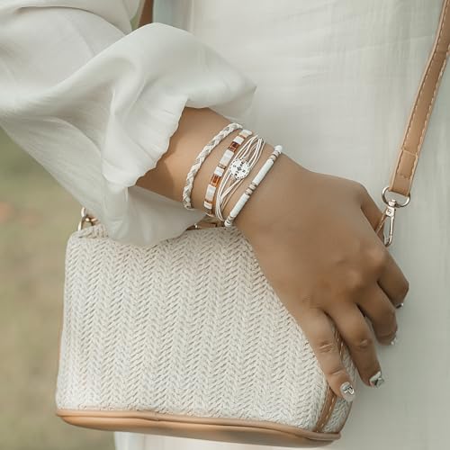 FANCY SHINY Boho Nautical Compass String Bracelets Beaded Clay Beads Bracelet Stackable Friendship Bracelets Summer Beach Outfits for Women Girls - color: Sand