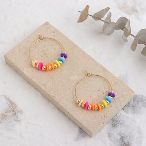 Natural Stone Beaded Hoop Earrings for Women, Boho Handmade Lightweight Hypoallergenic Trendy Summer Beach Accessories Fashion Jewelry Gift - color: multicolor
