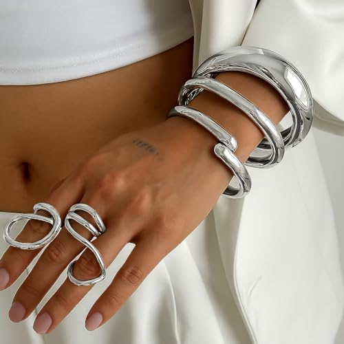 PEALICIOUS 2Pcs Chunky Bracelet for Women, Girls Gold Bangle Bracelet 7in Minimalist Silver Chunky Bangles Prom Gifts, Trendy Gold Arm Cuff Upper Arm Band, Stack Bead Prom Accessories Summer Jewelry - style: Silver chunky bangle