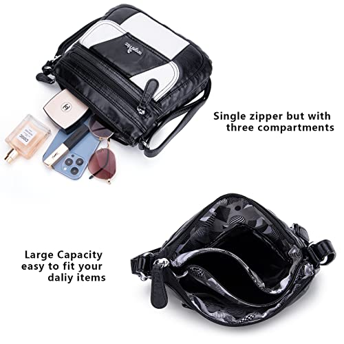 Angelkiss Small Womens Crossbody Bag Leather Shoulder Purse for Women Hobo Bag with Adjustable Shoulder Strap - color: Black/White